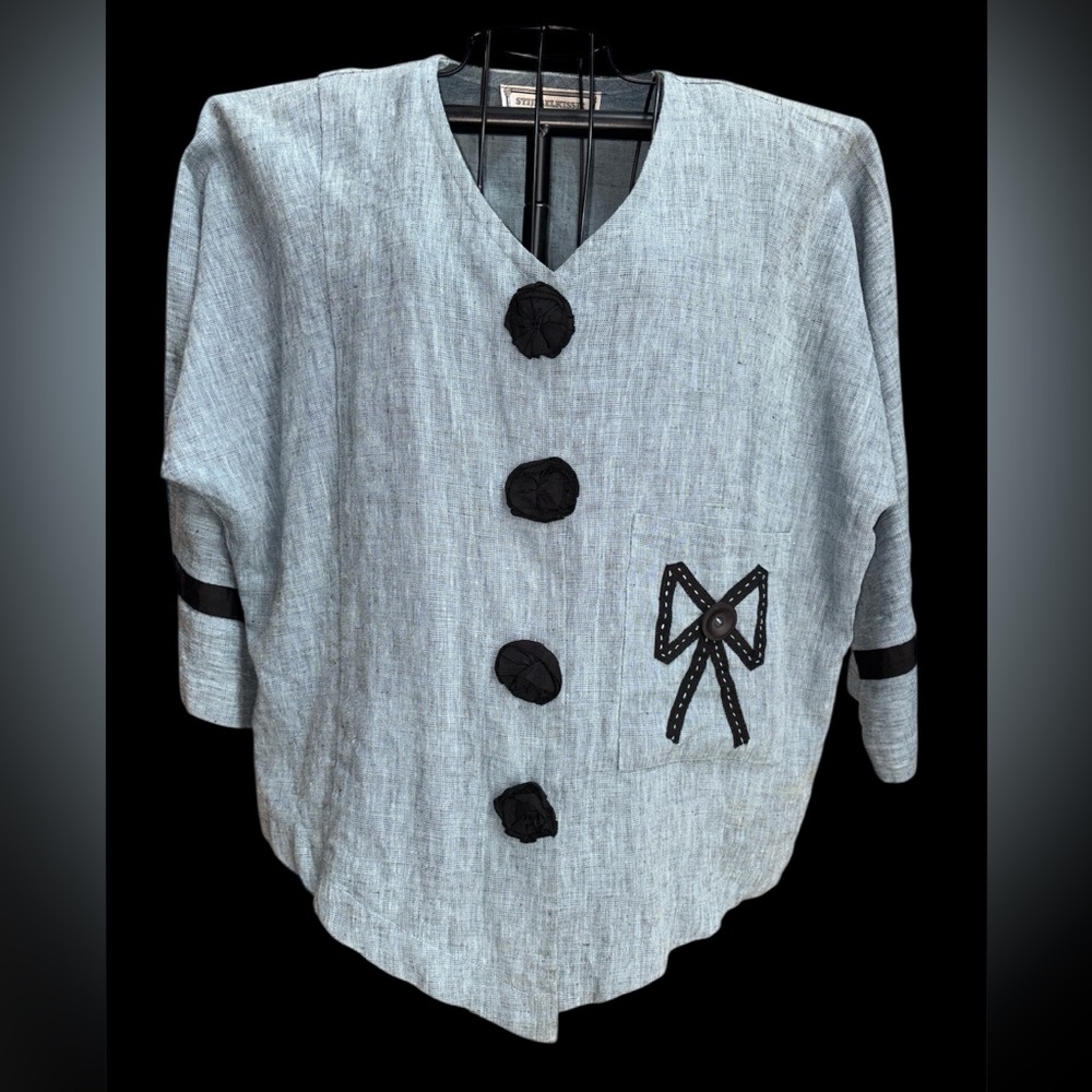 STIJFSELKISSIE Women’s LINEN Jacket Large Marijke Benedict‎ Vintage Blue/Black